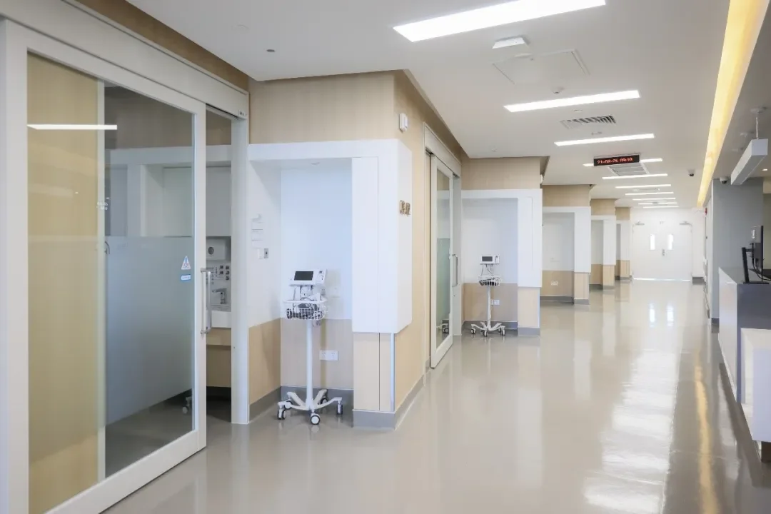 Modern inpatient ward corridor at Jiahui International Hospital in Shanghai